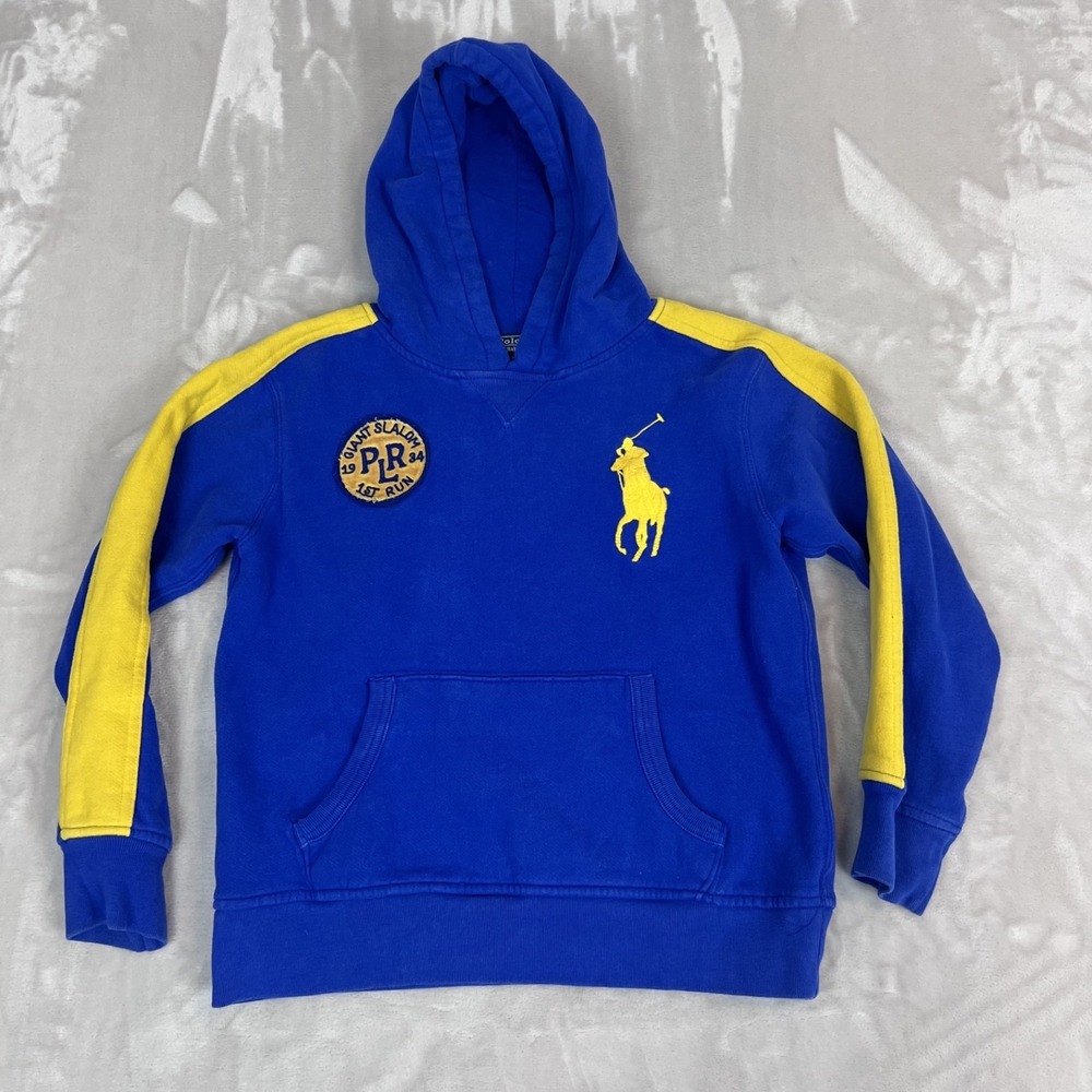 Polo Ralph Lauren Sweater Kids M (10-12) Blue Yellow Hoodie Big Pony‎ Y2K Preppy